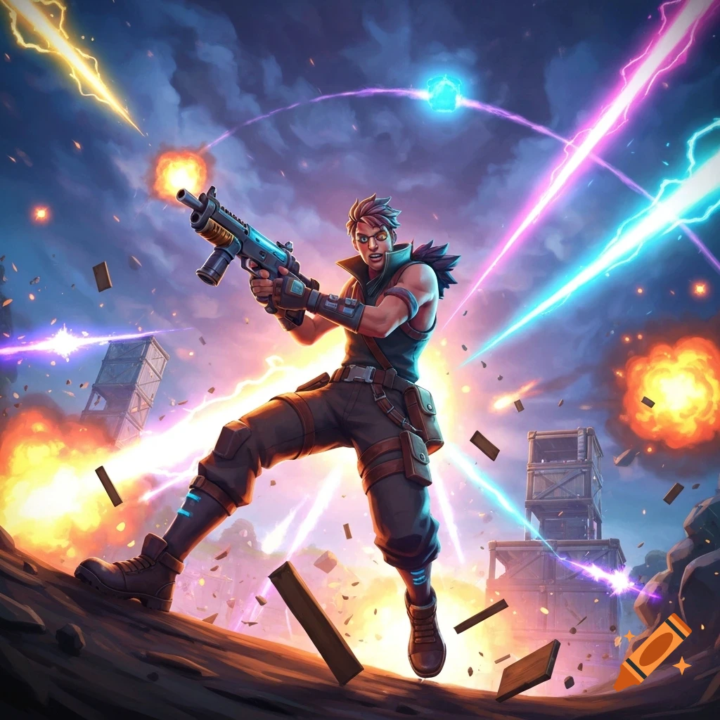 Stylized male character holding a rifle in a Fortnite-style action scene with explosions and energy blasts.