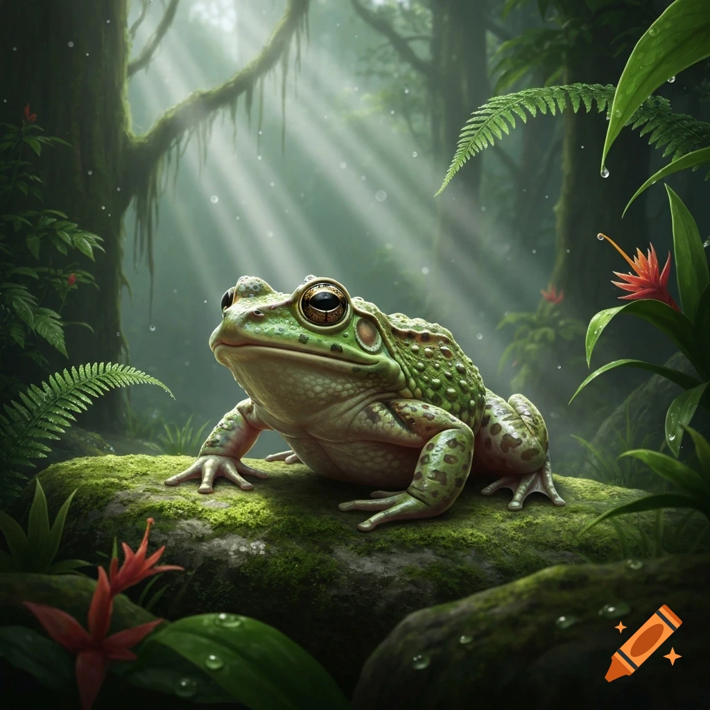 A vibrant green frog with large gold eyes sits on a mossy rock in a sun-dappled rainforest.