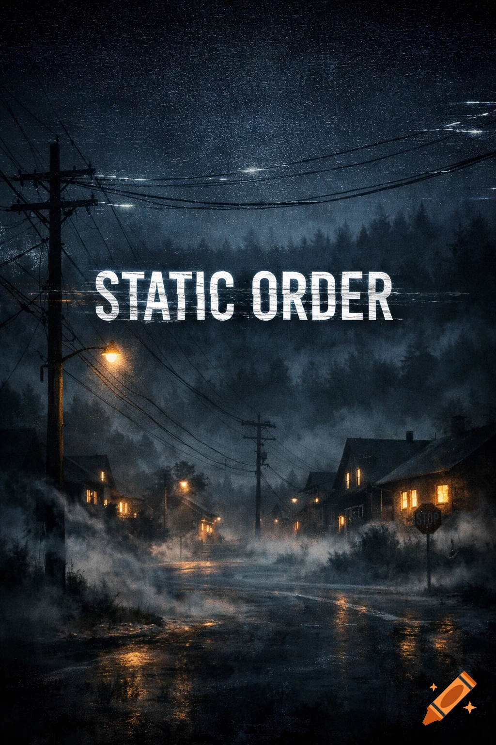 A cinematic poster for "Static Order" showing a dark, foggy, eerie town at night with streetlights, houses, and power lines, with a static texture.