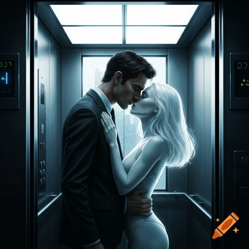 A man in a dark suit and a woman with white hair in a light bodysuit kiss intimately in a dimly lit elevator, with city lights visible outside the window.
