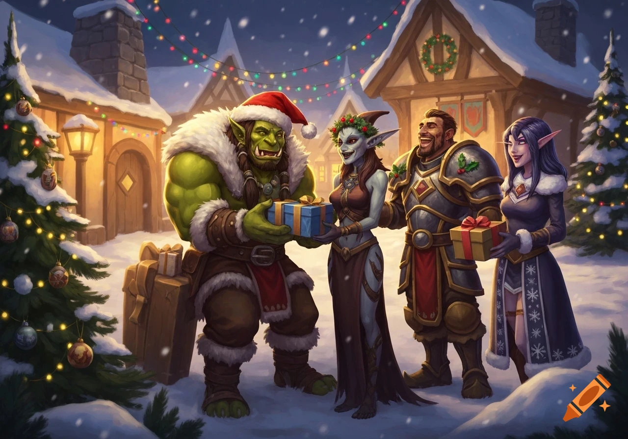 An orc in a Santa hat, a female elf with a wreath, a human paladin, and a night elf exchange Christmas gifts in a snowy, festive village decorated with lights.