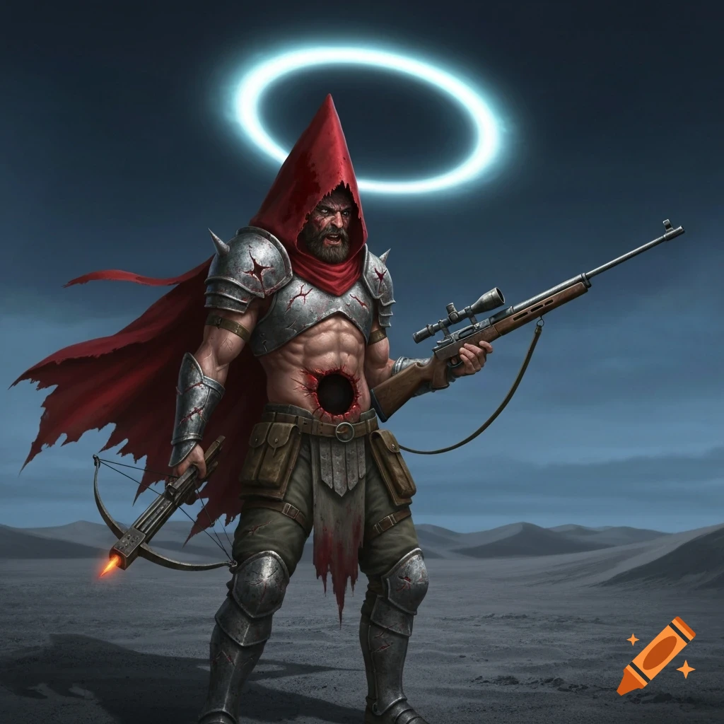 A heavily armored knight in a red hooded cloak, with a gaping hole in his abdomen, holds a sniper rifle and a crossbow in a desolate, dark desert landscape under a glowing halo.