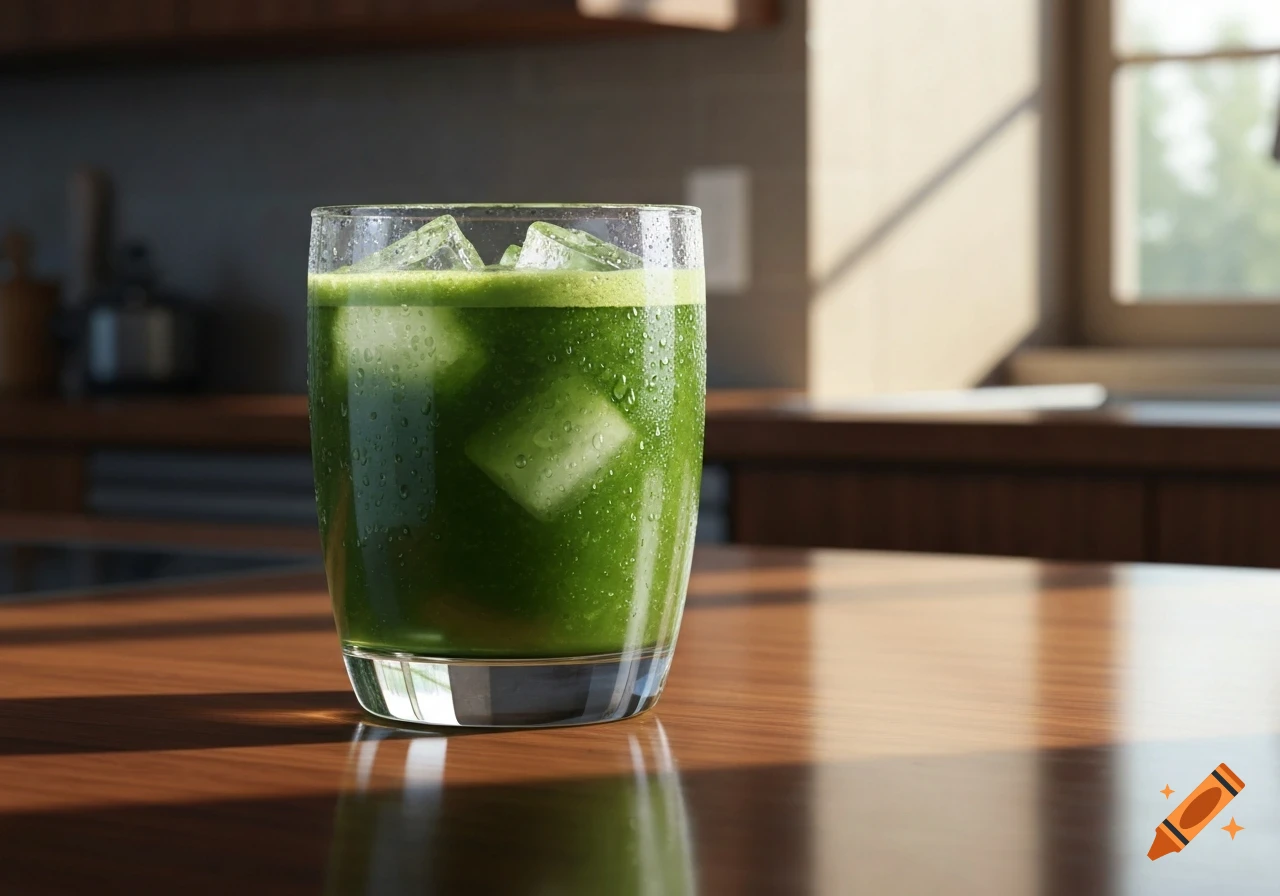 Photorealistic close-up of a glass of green juice with ice on a wooden kitchen counter, bathed in sunlight.