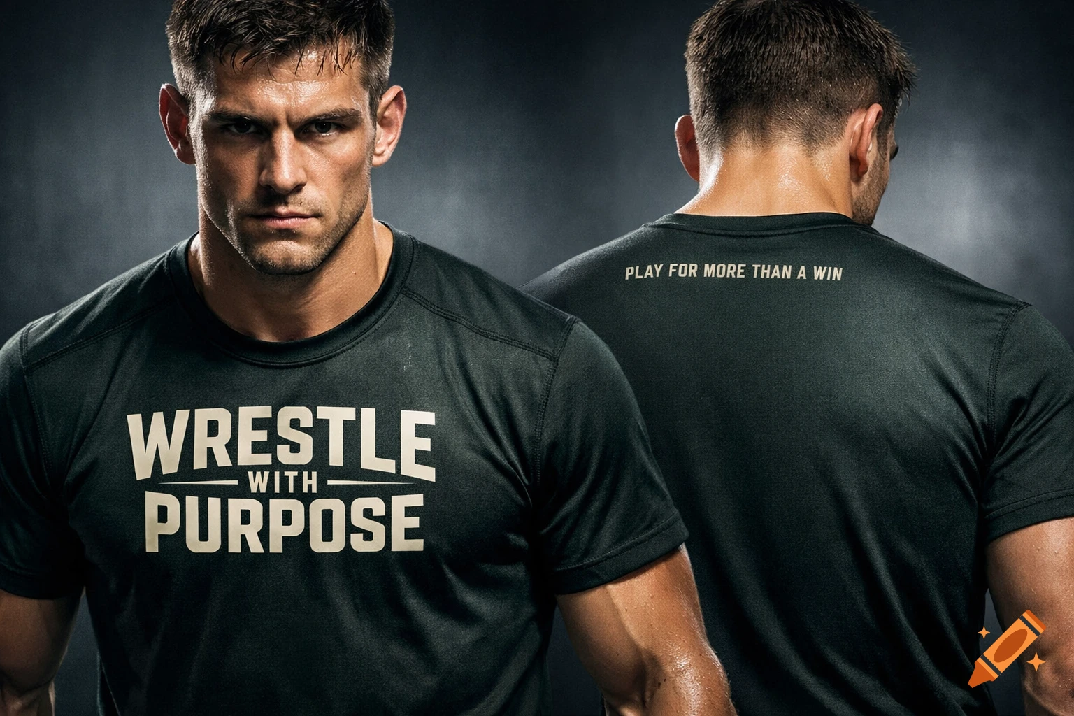 Front and back view of a muscular man wearing a dark green t-shirt with 'WRESTLE WITH PURPOSE' on the front and 'PLAY FOR MORE THAN A WIN' on the back.