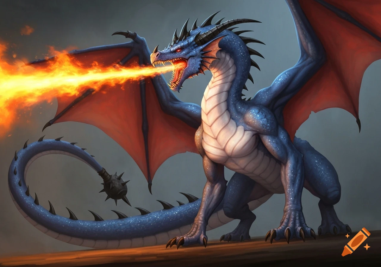 A blue dragon with red wings, black spikes, and red eyes breathes fire ...