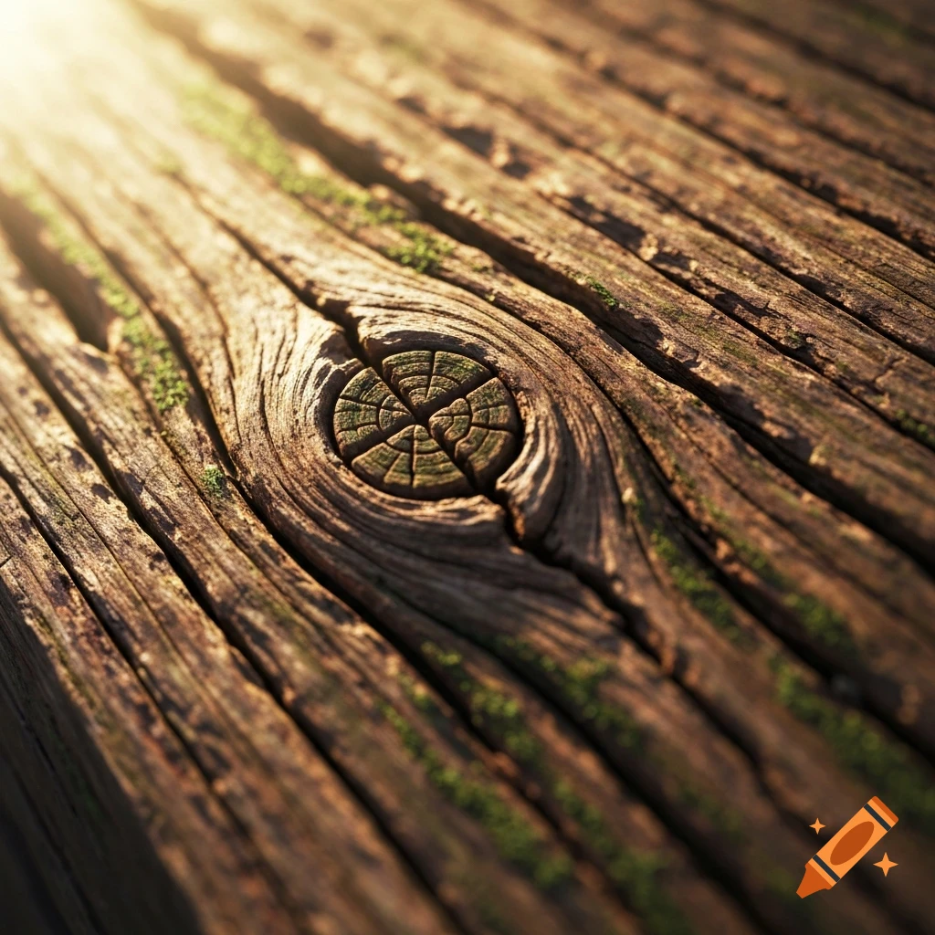 Close-up of weathered wooden planks with a prominent knot and green moss, bathed in warm sunlight.