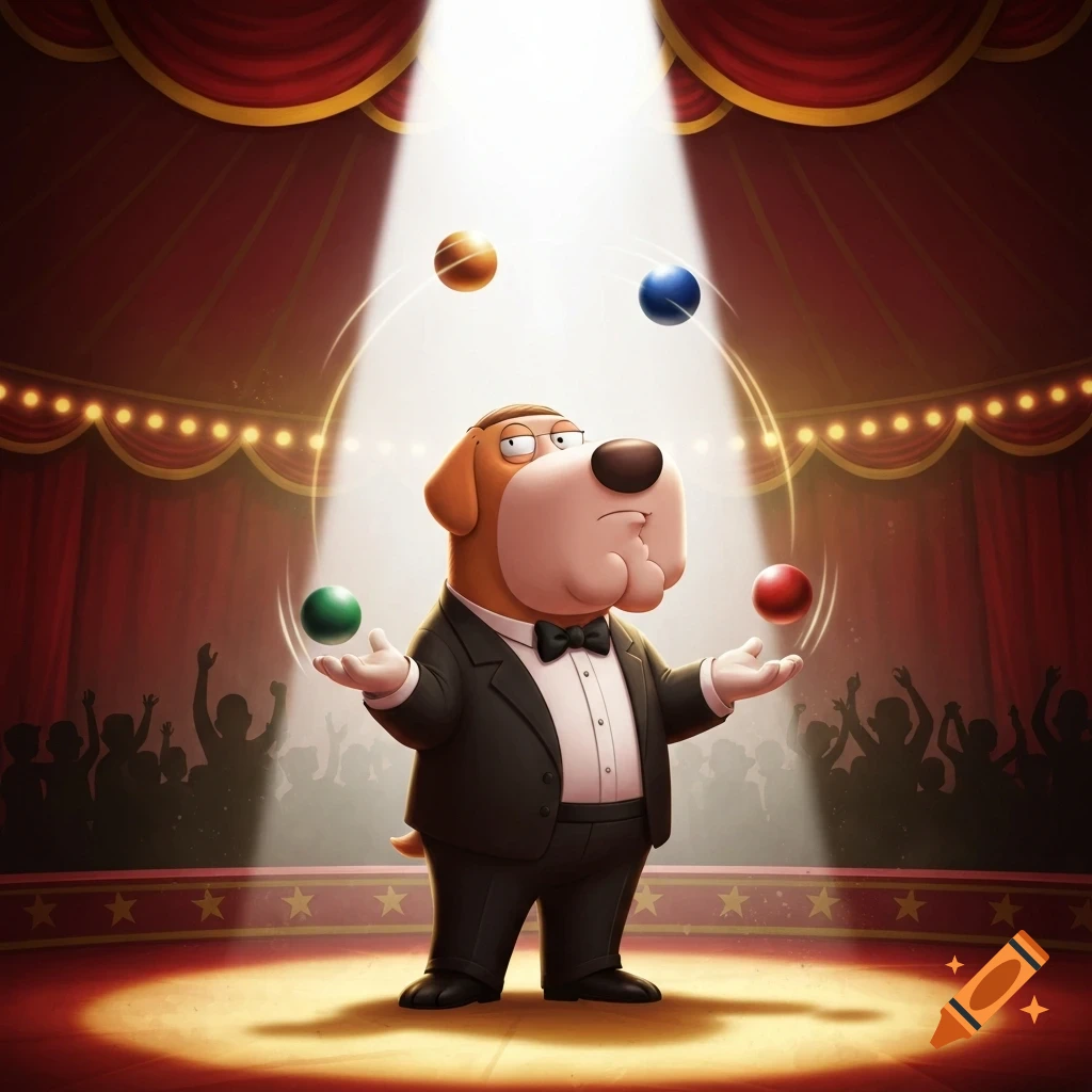 A cartoon dog resembling Brian Griffin in a tuxedo juggles colorful balls on a circus stage under a spotlight.
