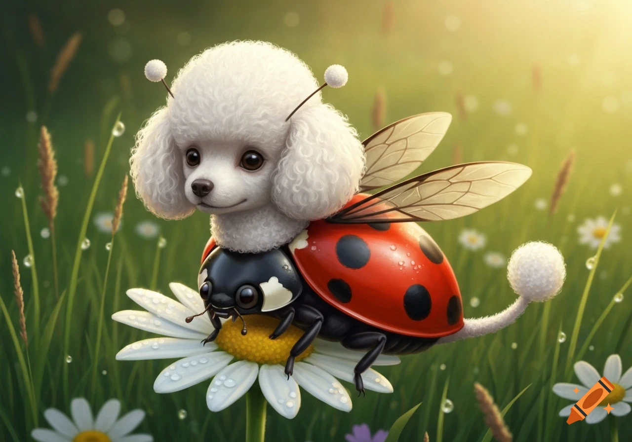 A fluffy white poodle head on a red and black ladybug body with transparent wings, sitting on a daisy in a dewy green field.