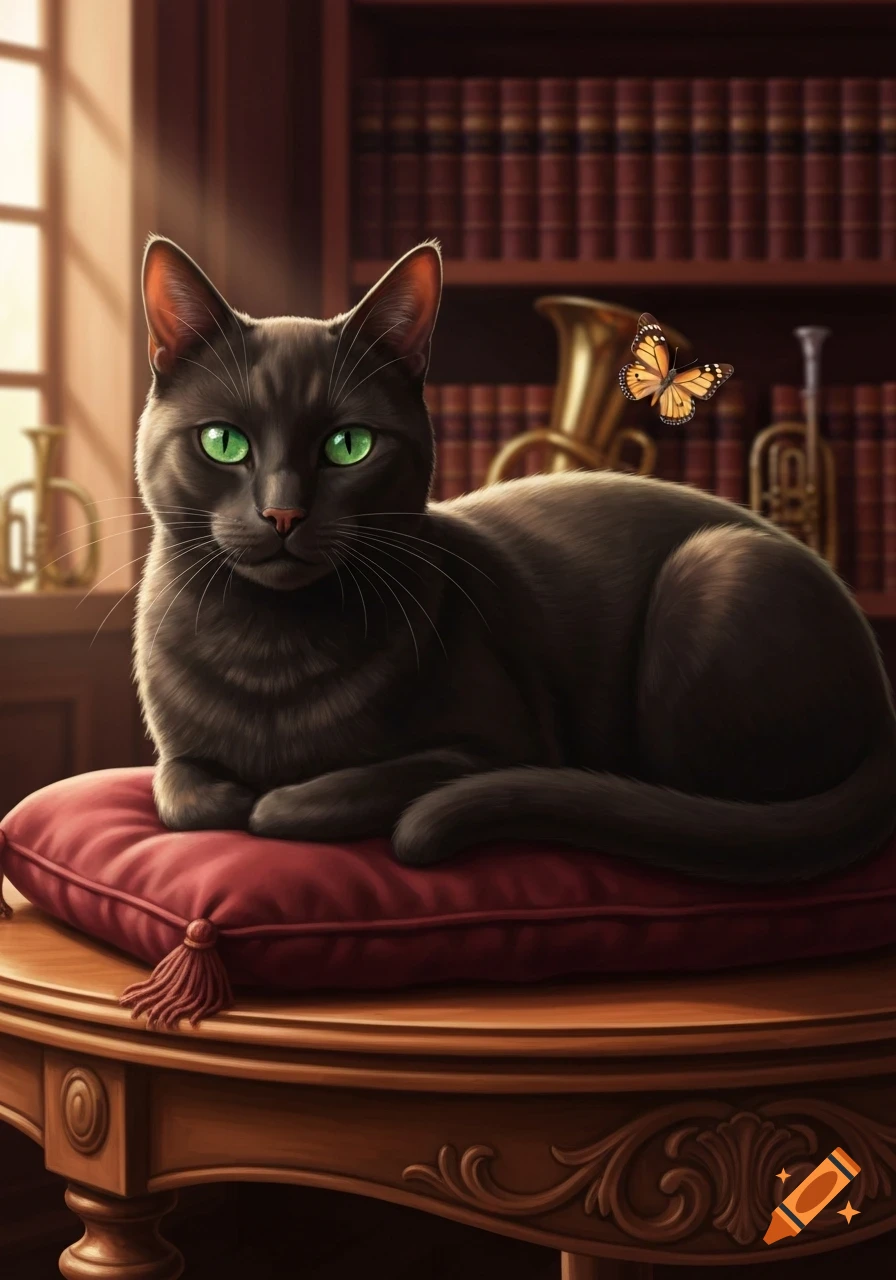 A sleek black cat with vivid green eyes sits on a plush red cushion on an ornate wooden table. A butterfly hovers near brass instruments and a bookshelf in the background.