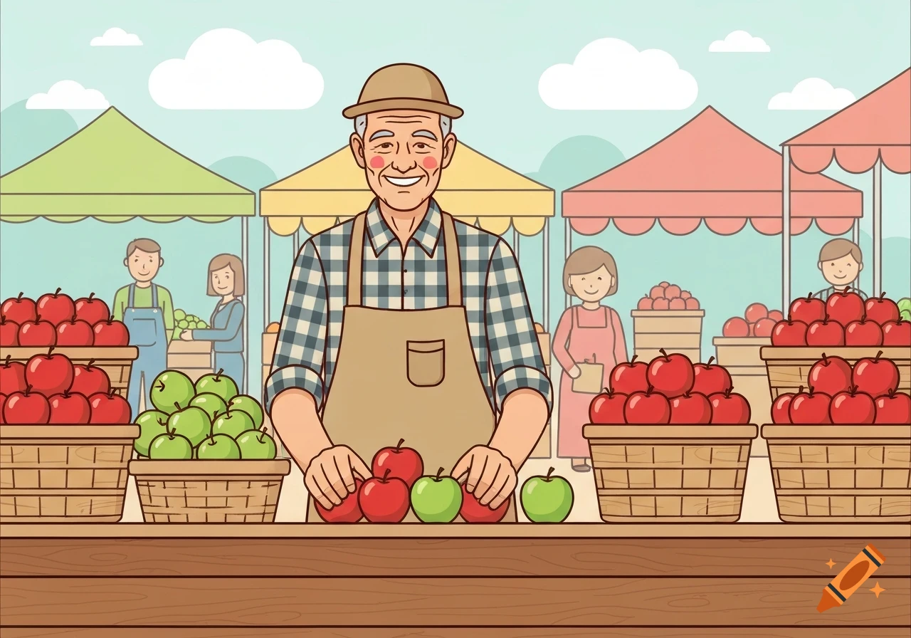 A smiling old man in an apron and hat sells red and green apples at a lively outdoor market, clip art style.