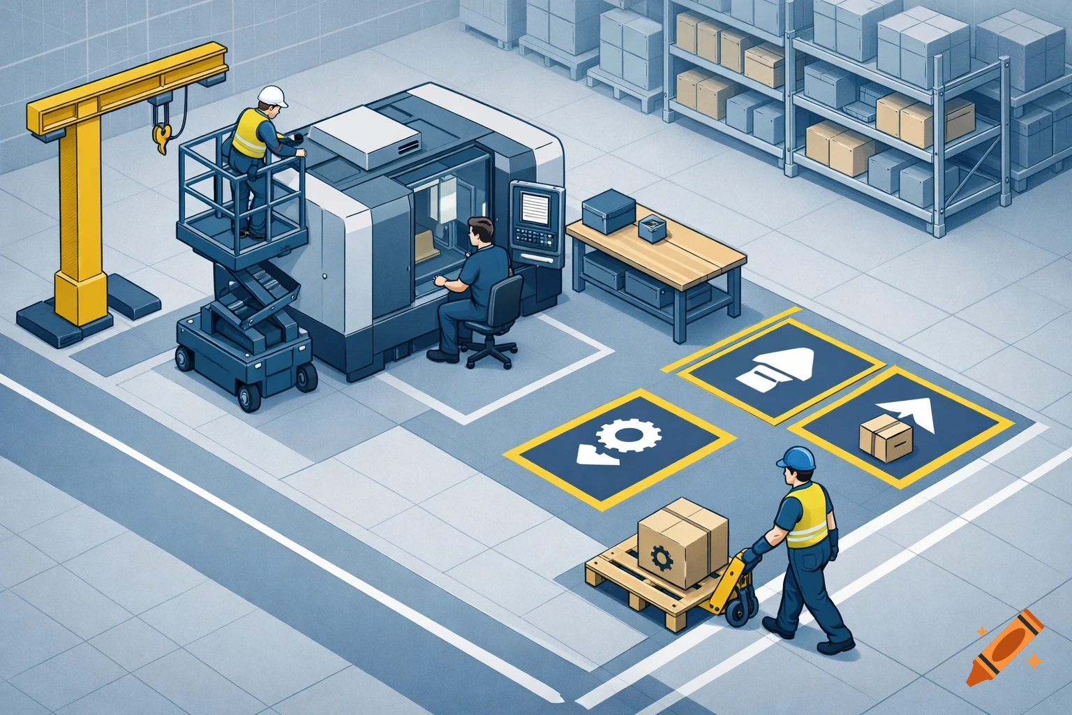 Isometric illustration of an industrial workshop with workers, a CNC machine, storage shelves, and logistics operations.