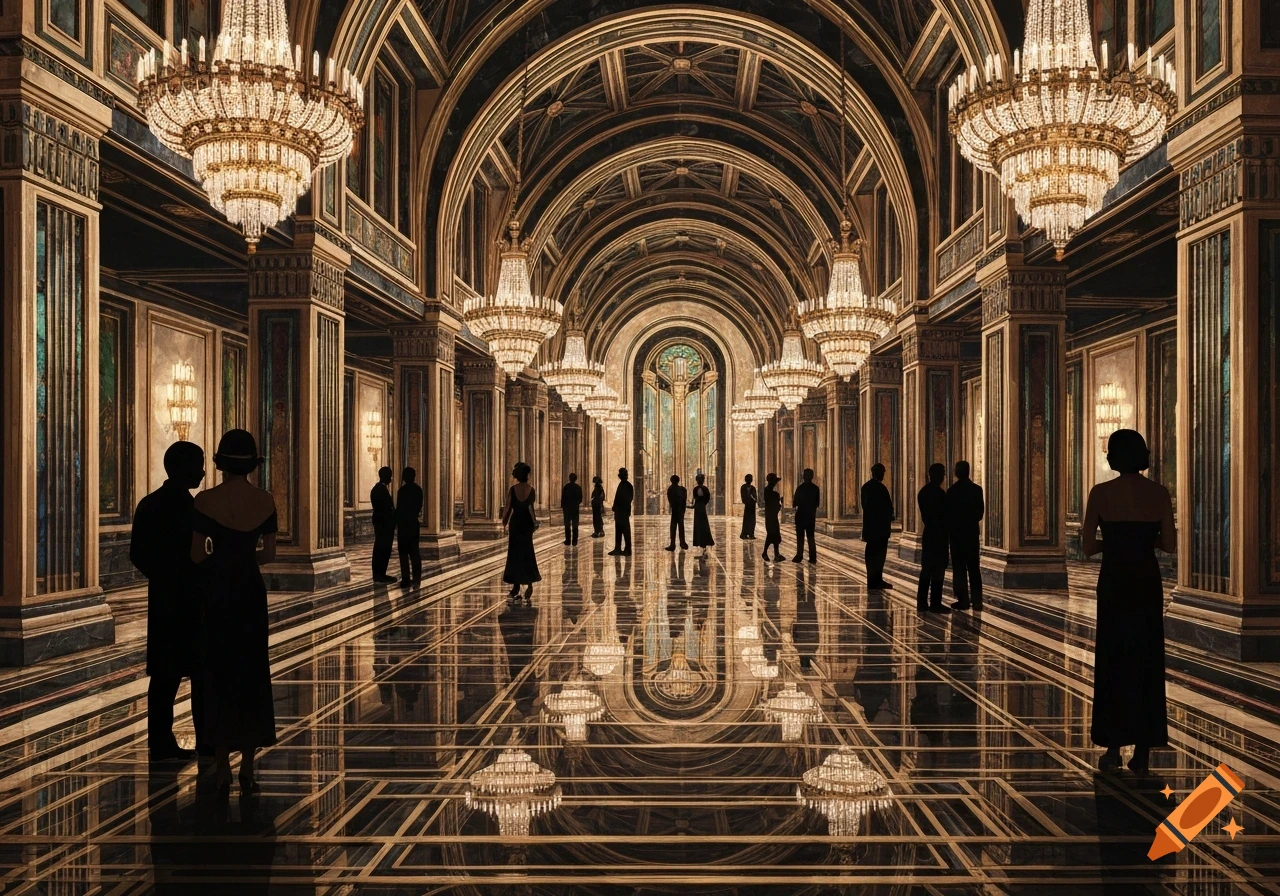 A grand, opulent Art Deco hall featuring a long, vaulted ceiling, ornate chandeliers, and a highly polished reflective floor. Silhouetted figures of people in formal attire are scattered throughout the hall.