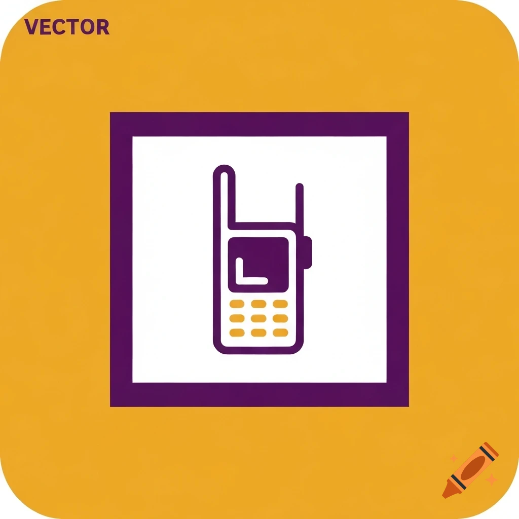 Vector icon of a purple cellular phone within a white square, set against a mustard yellow background.