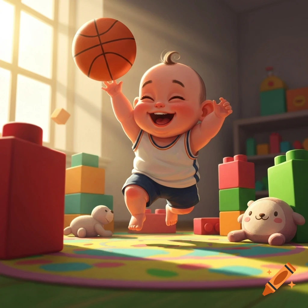 A joyful cartoon baby in a playroom, jumping to catch a basketball with colorful toys scattered around.