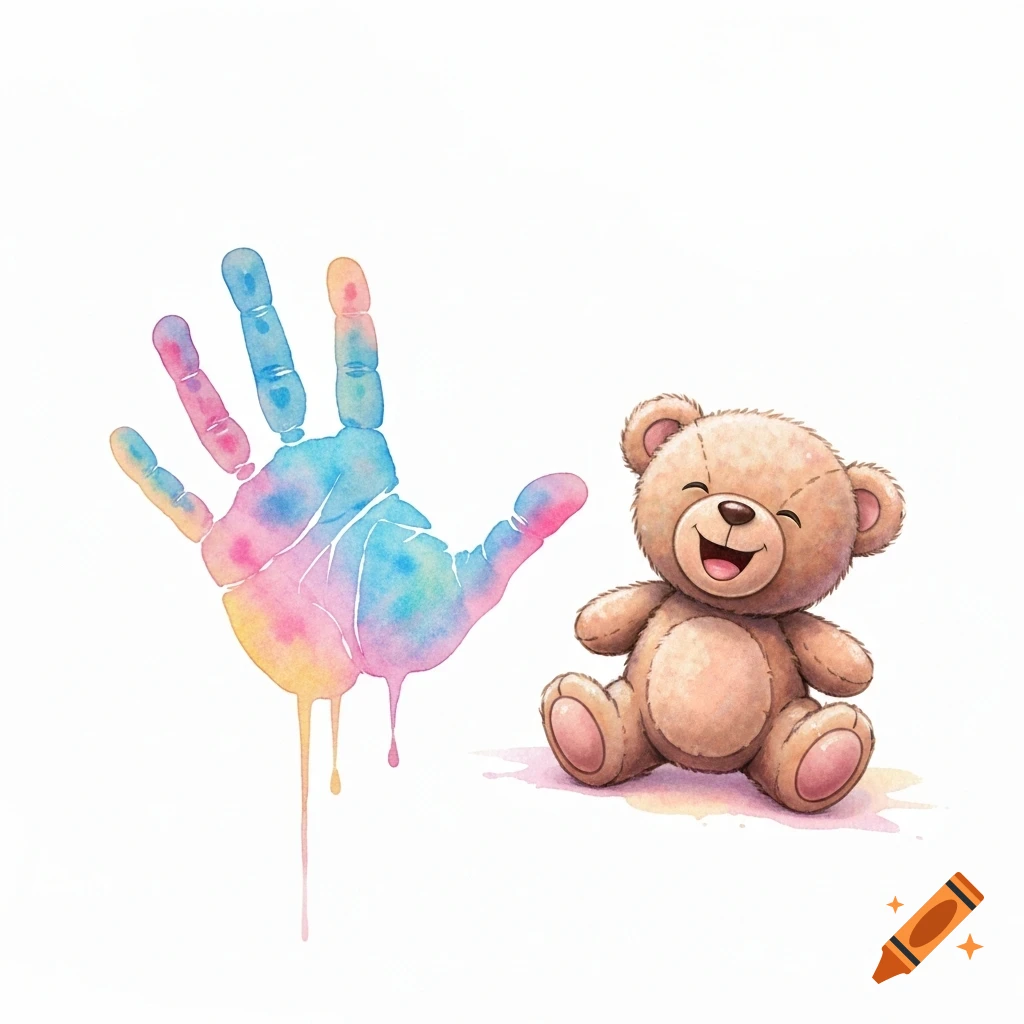 A watercolor style image of a colorful baby handprint next to a laughing teddy bear.