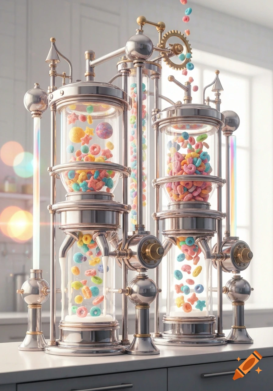 A gleaming chrome and glass 'cereal-izer' machine dispenses colorful cereal loops and shapes into clear chambers, set on a bright kitchen counter.