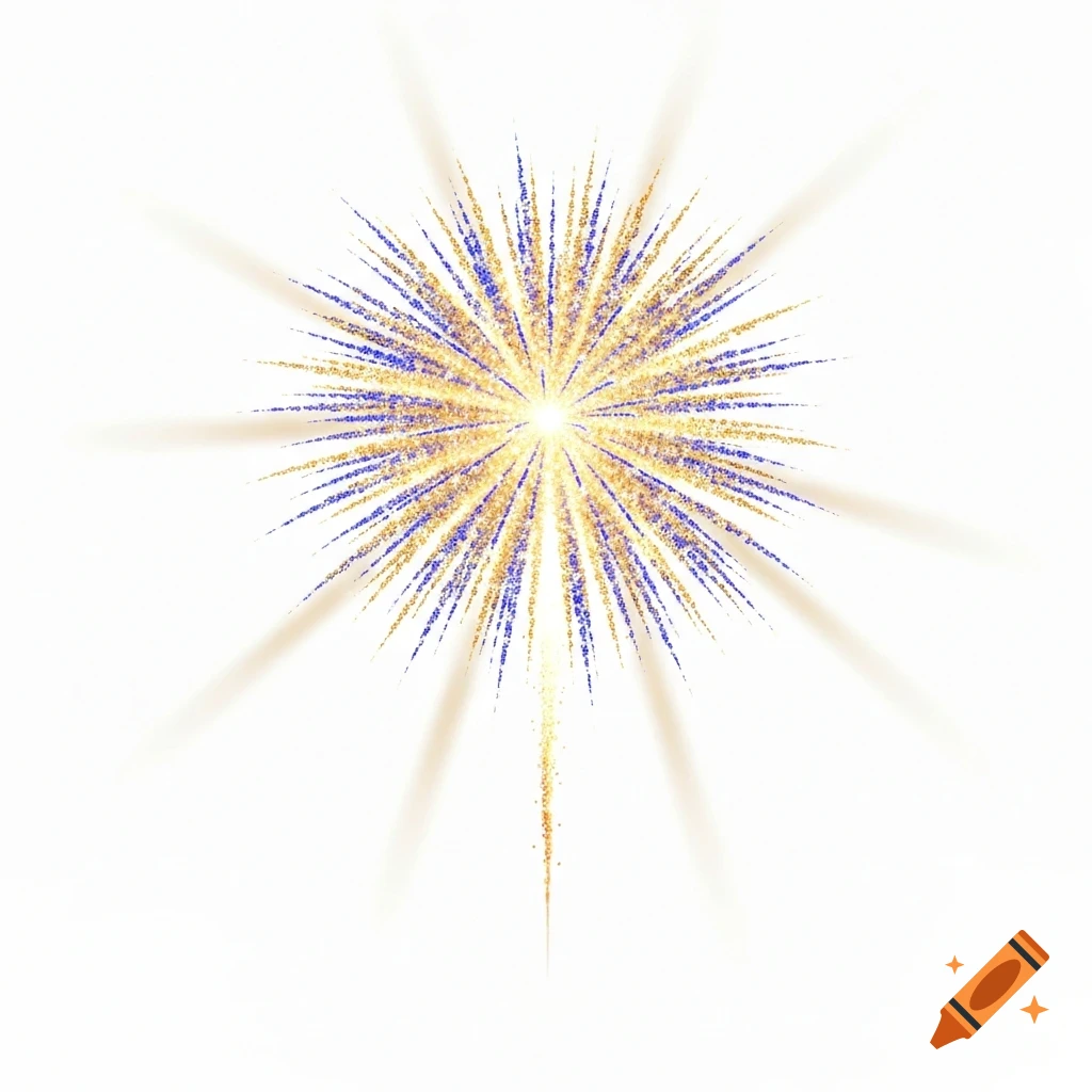 A stylized blue and gold firework burst with glowing rays on a white background.