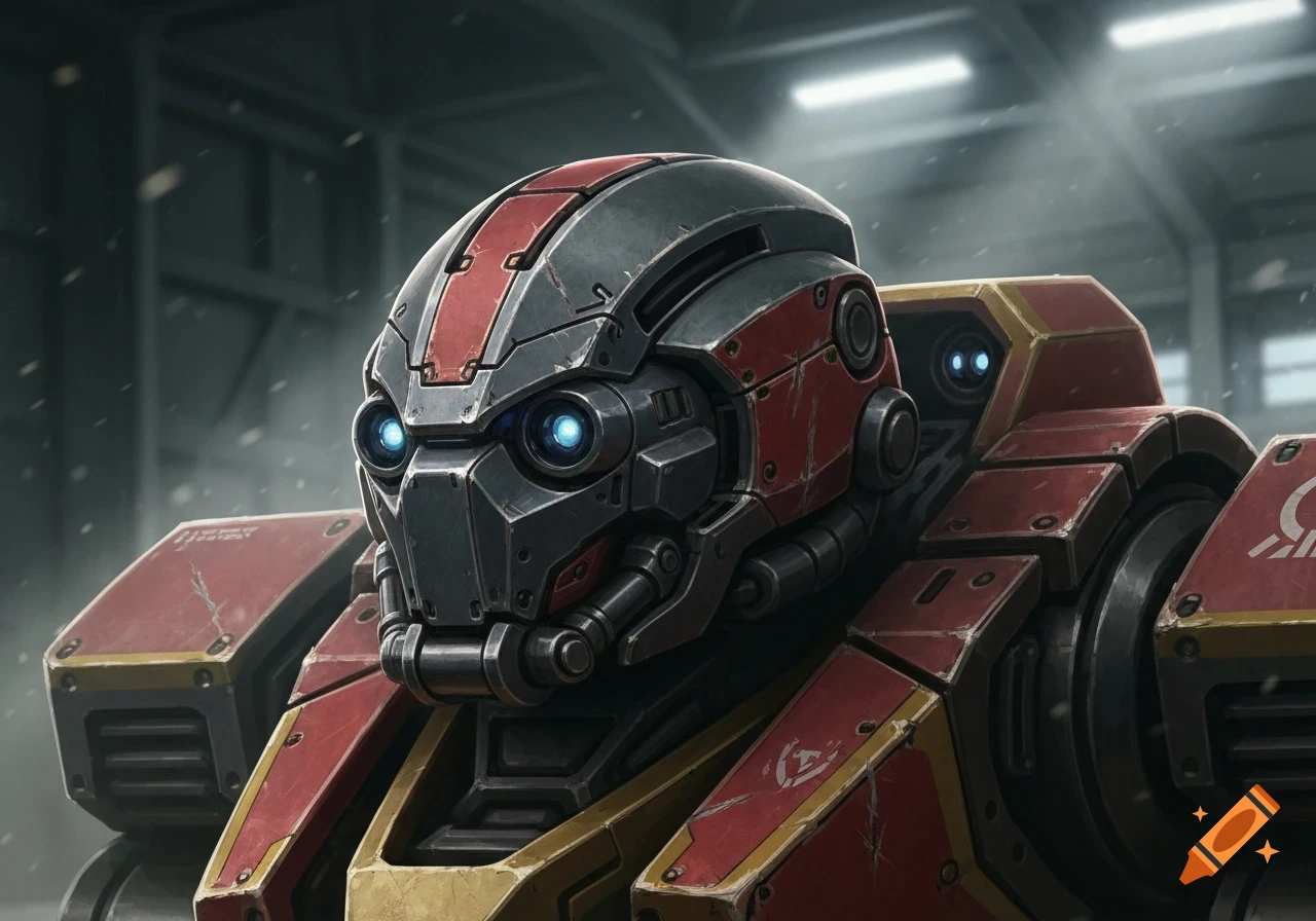 A close-up, highly detailed illustration of a red, grey, and gold futuristic robot head with glowing blue eyes, against a blurred hangar background.