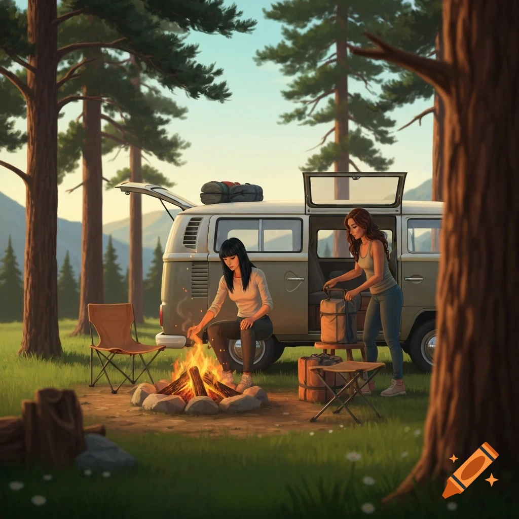 Two women camp in a forest with a camper van, one tending a campfire, in a vibrant digital art style.