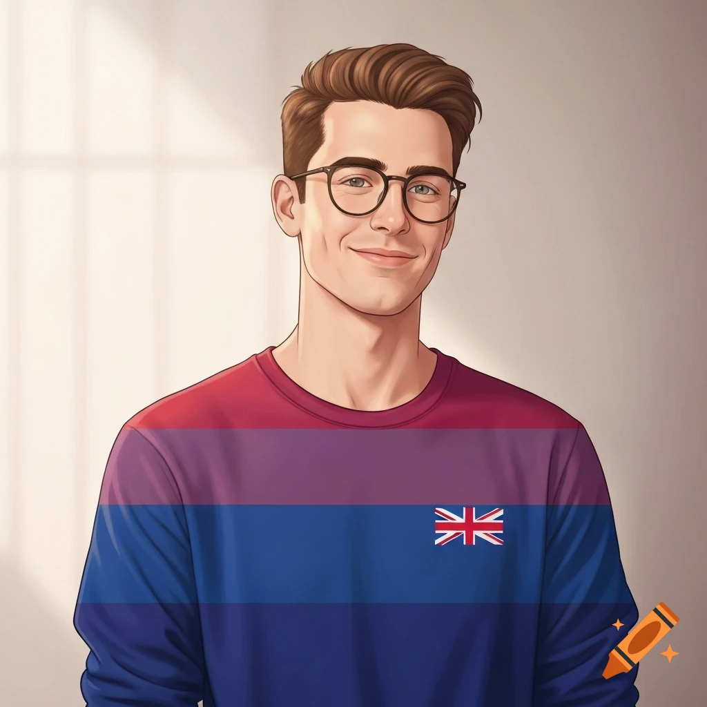 Smiling cartoon man with glasses in a striped shirt with bisexual flag colors and a Union Jack badge.