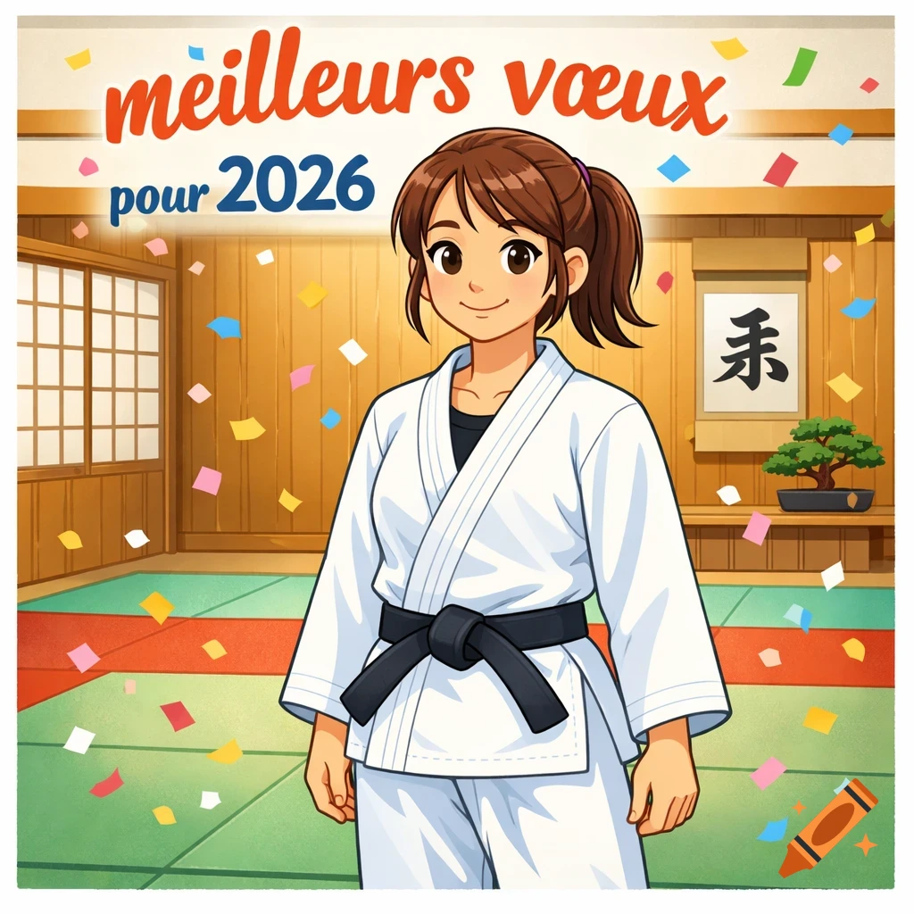 Cartoon illustration of a smiling female judoka in a white judogi and black belt in a dojo, with confetti and 'Meilleurs Vœux pour 2026' text.
