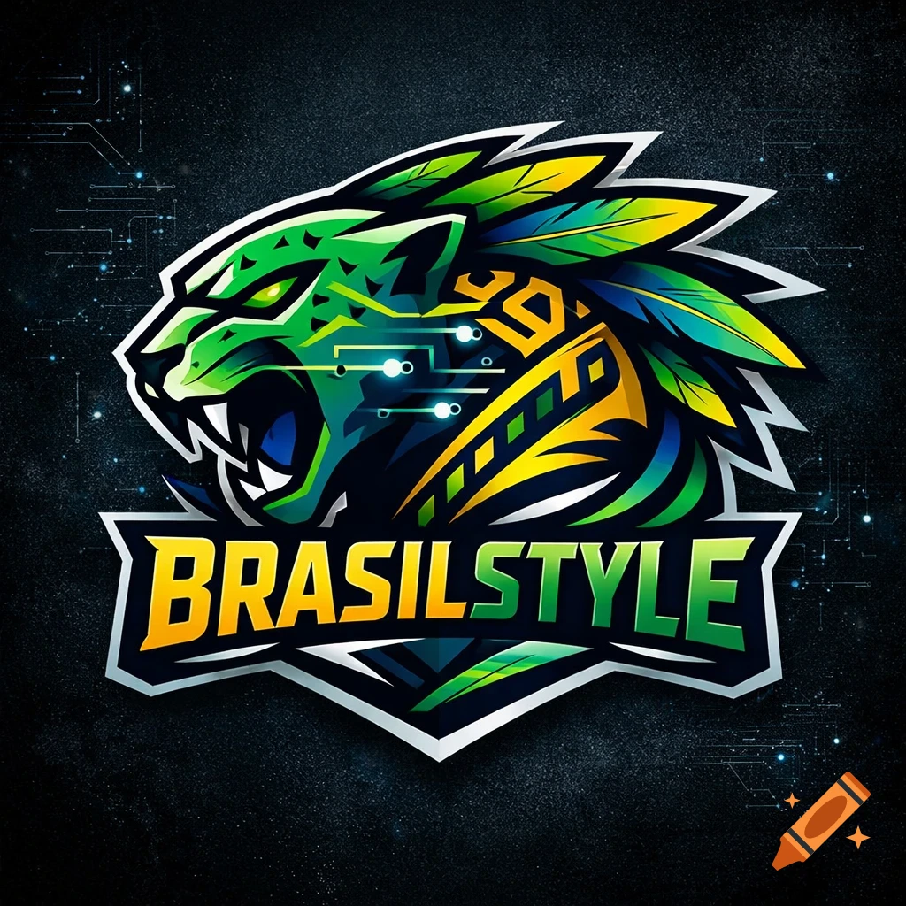 Stylized green jaguar head esports logo with tech circuits and 'BRASILSTYLE' text in yellow and green.