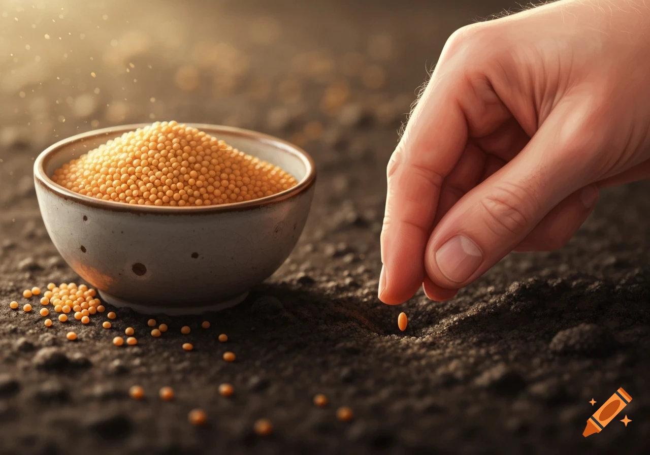 A hand plants a mustard seed in dark soil next to a bowl overflowing with mustard seeds in a photorealistic style.