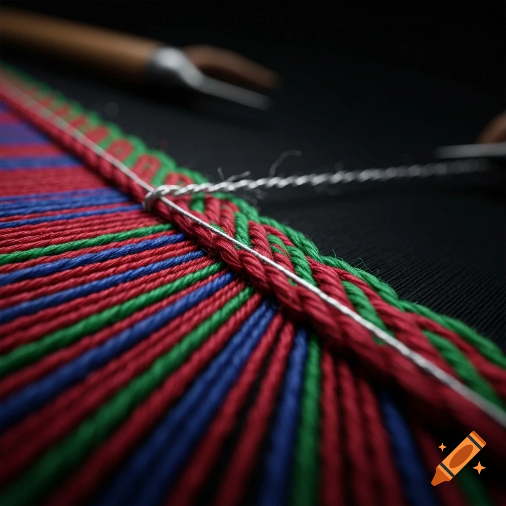 Close-up of red, blue, and green threads being woven on a black background with a silver weft thread.