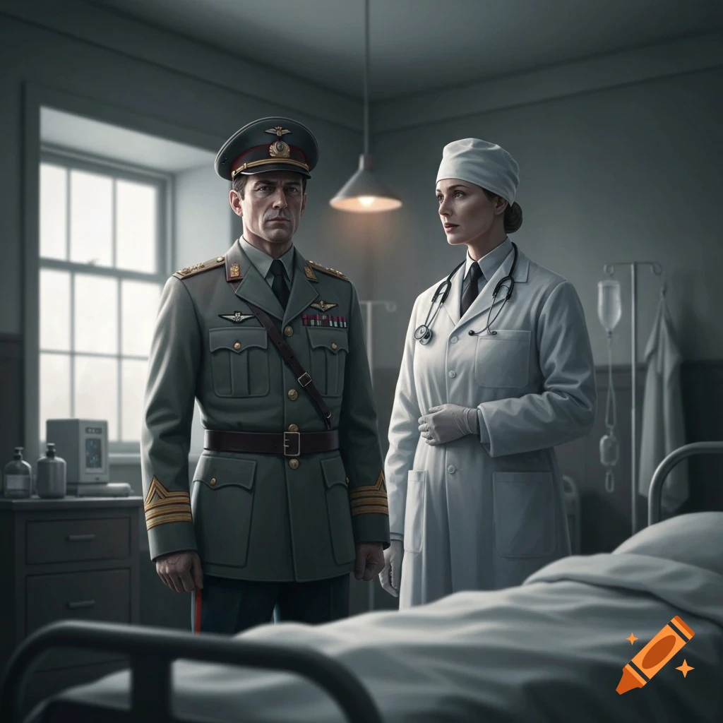 A serious military man and a female doctor stand in a dimly lit hospital room with a bed in the foreground. Photorealistic style.