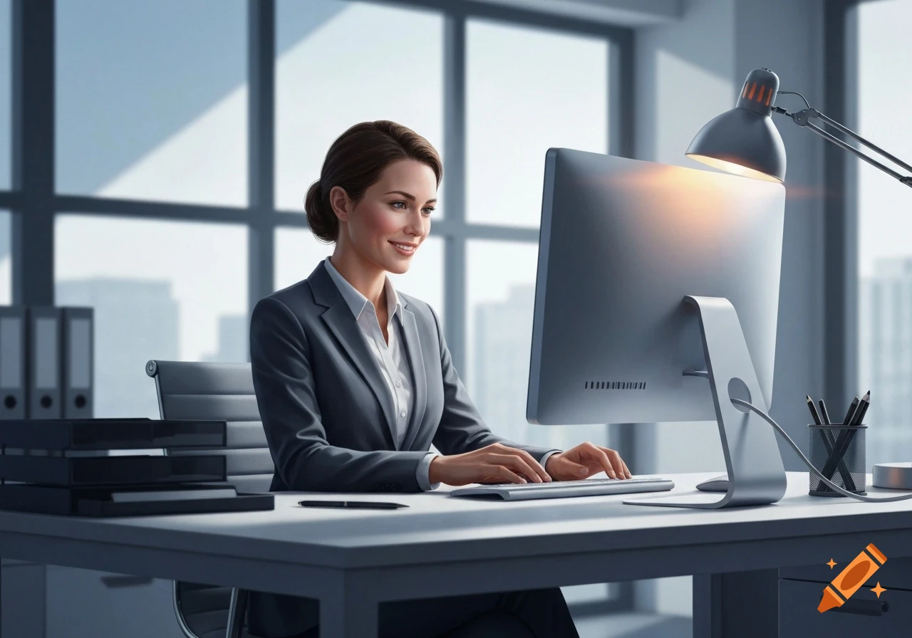 Photorealistic image of a professional woman in a suit smiling while typing on a computer at a desk in a modern office.