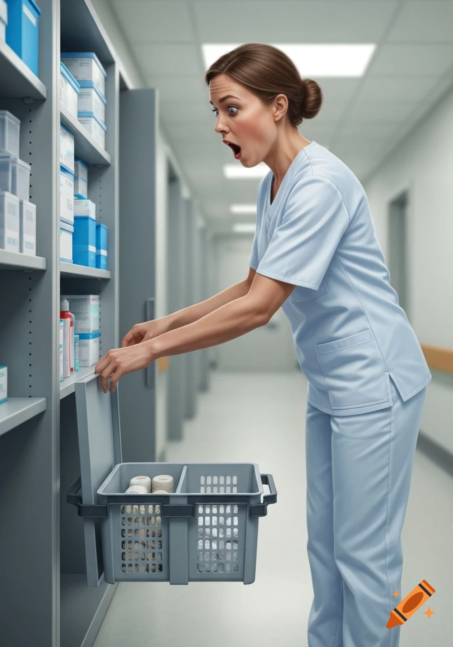 A surprised nurse in light blue scrubs stands in a hospital hallway, looking into an empty supply basket.
