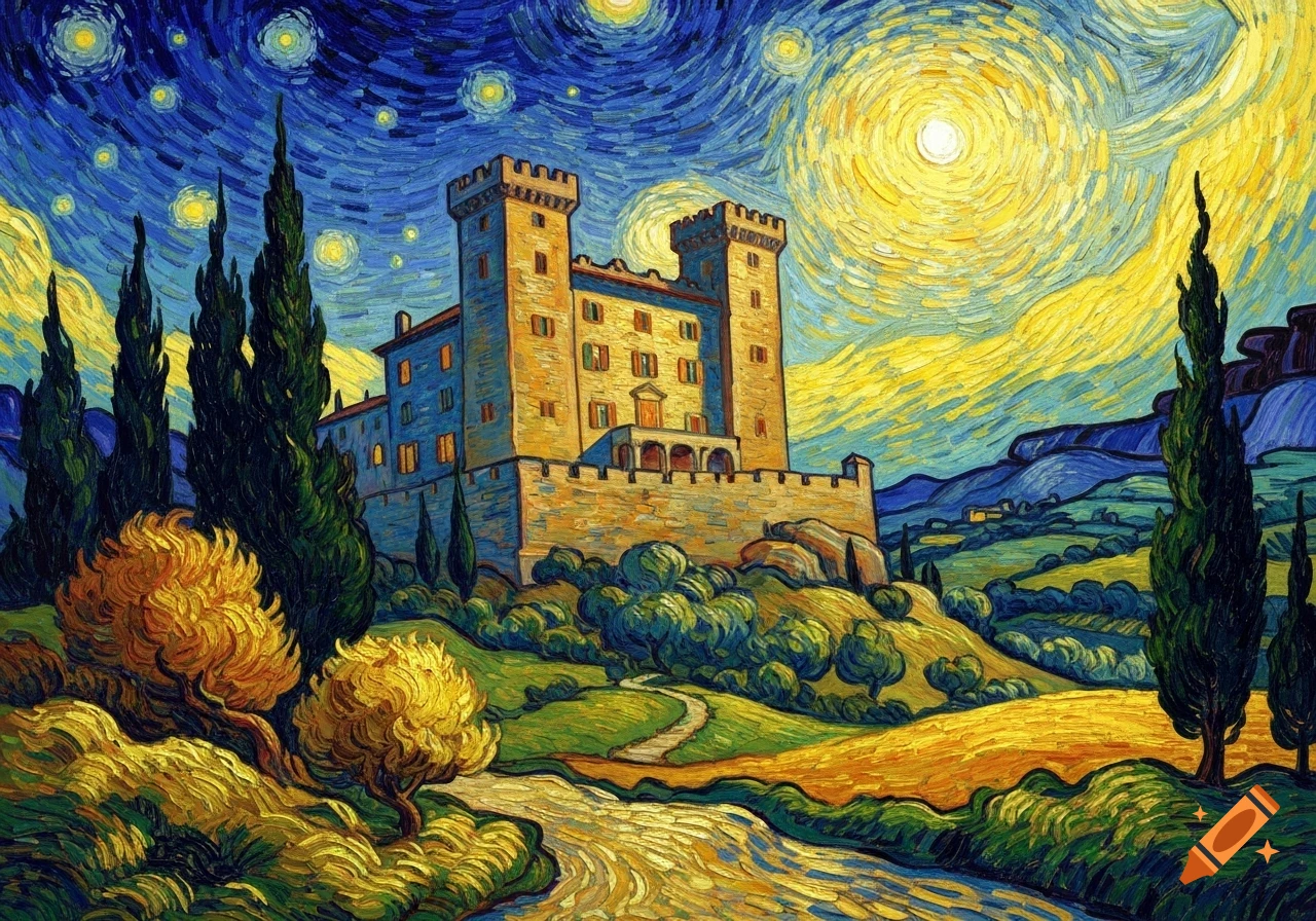 A vibrant Van Gogh-style painting of a castle on a hill under a swirling starry and sunny sky, with cypress trees and a winding path.