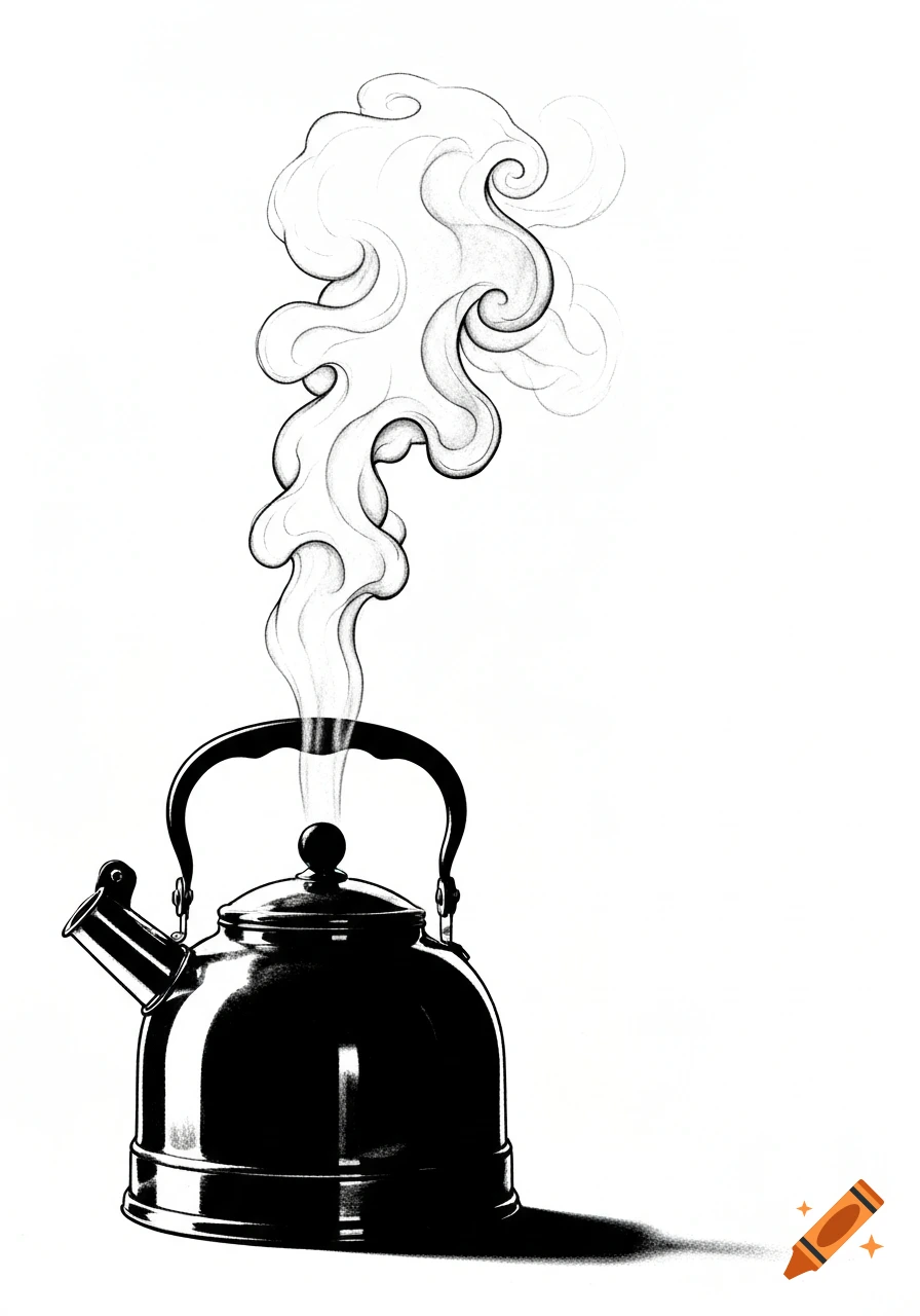A black and white drawing of a steaming kettle with a cast shadow on a white background.