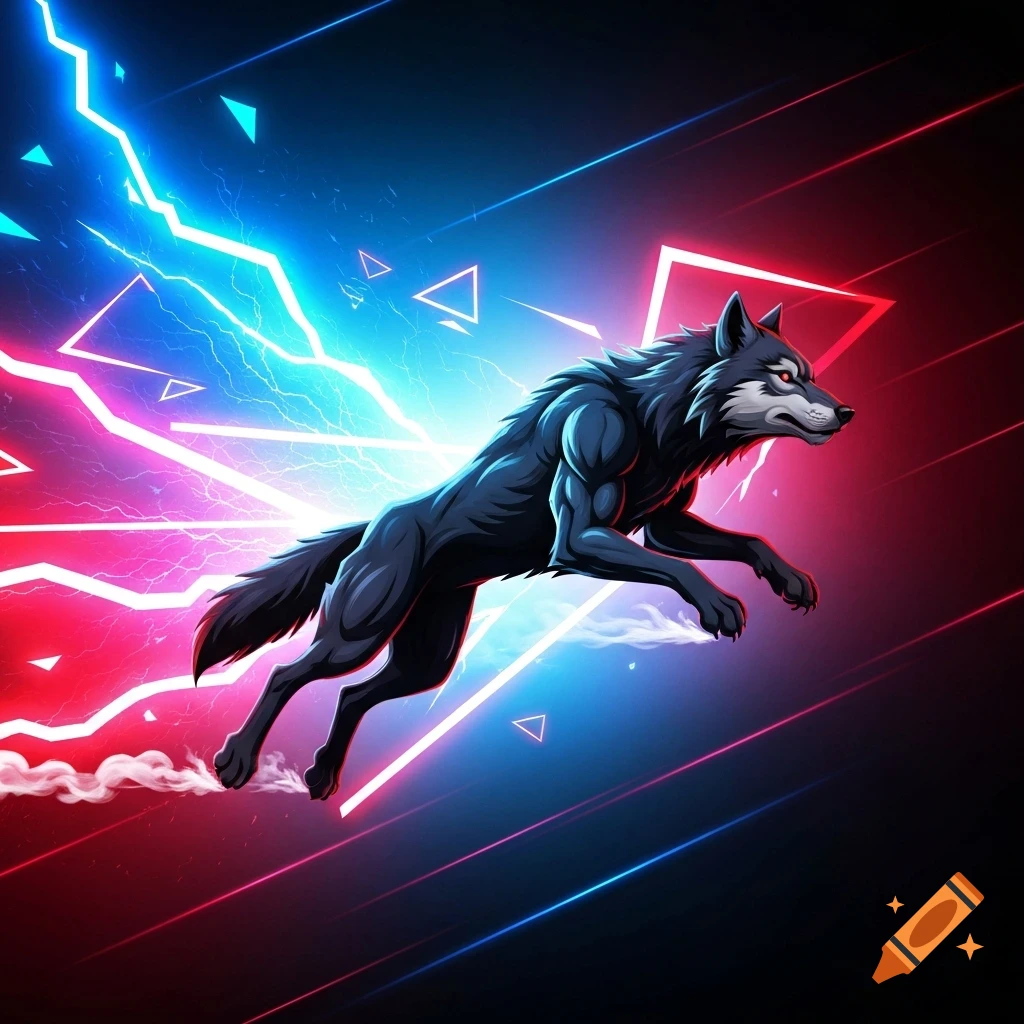 A stylized muscular black wolf with red eyes jumps, surrounded by dynamic blue and red neon lightning and geometric shapes.