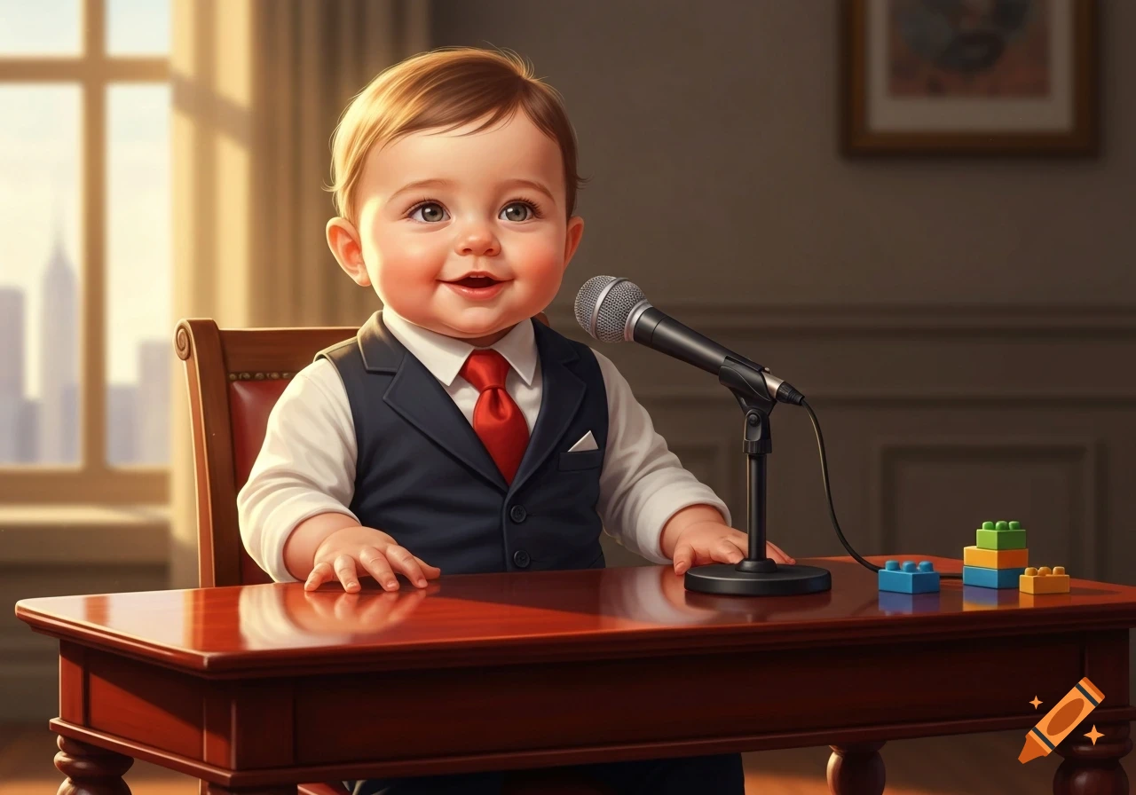 A happy baby in a suit and red tie sits at a wooden desk with a microphone, with toy blocks nearby, looking out at a city skyline.