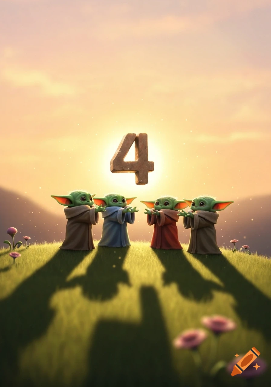 Four Grogu characters stand on a grassy hill at sunset, looking up at a glowing number 4 in the sky.