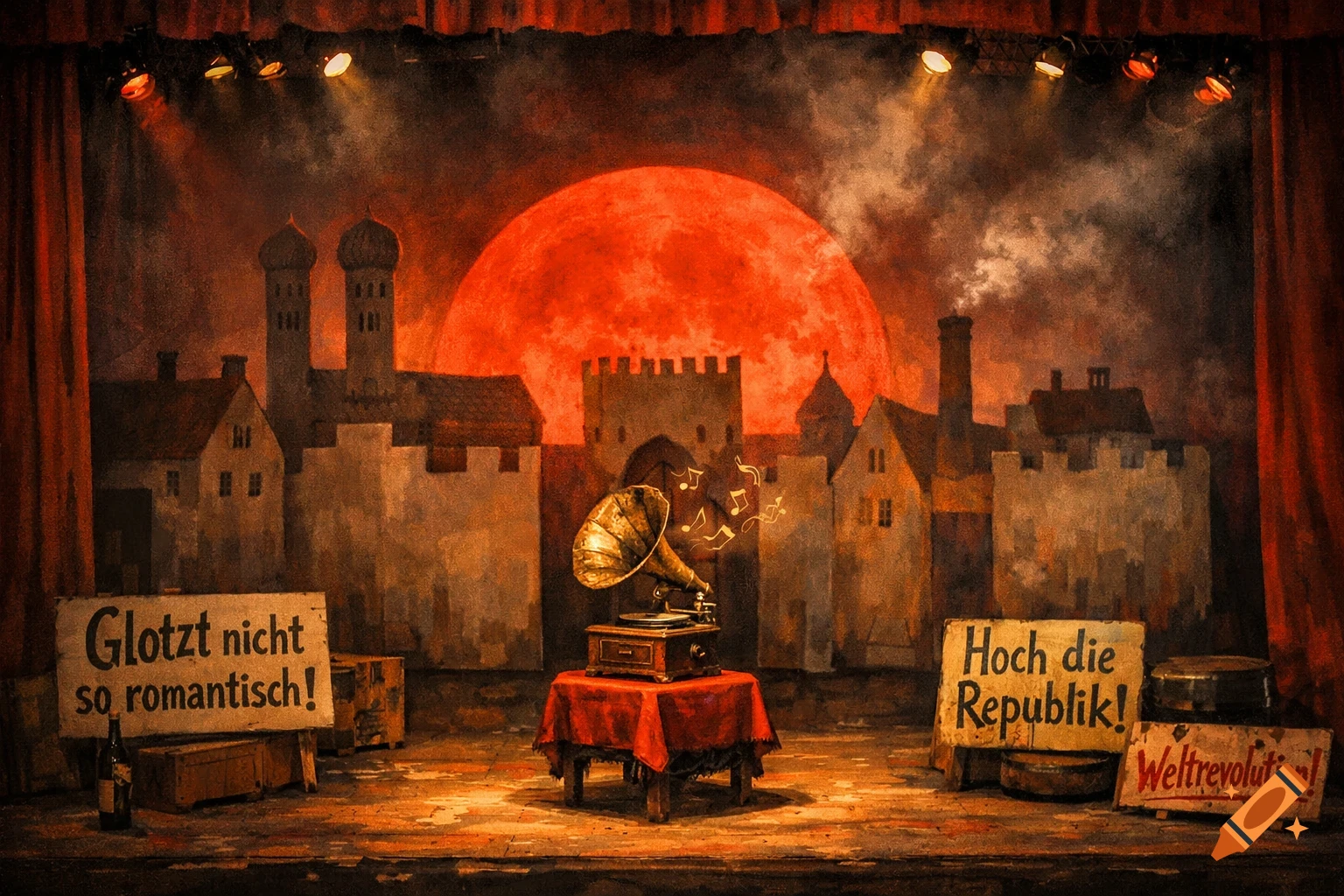 A painted theatrical stage with a city skyline backdrop, a red moon, a gramophone, and signs with German text, framed by red curtains.