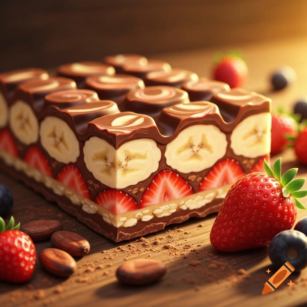 Photorealistic close-up of a chocolate bar filled with banana slices and strawberry halves, surrounded by fresh berries on a wooden surface.