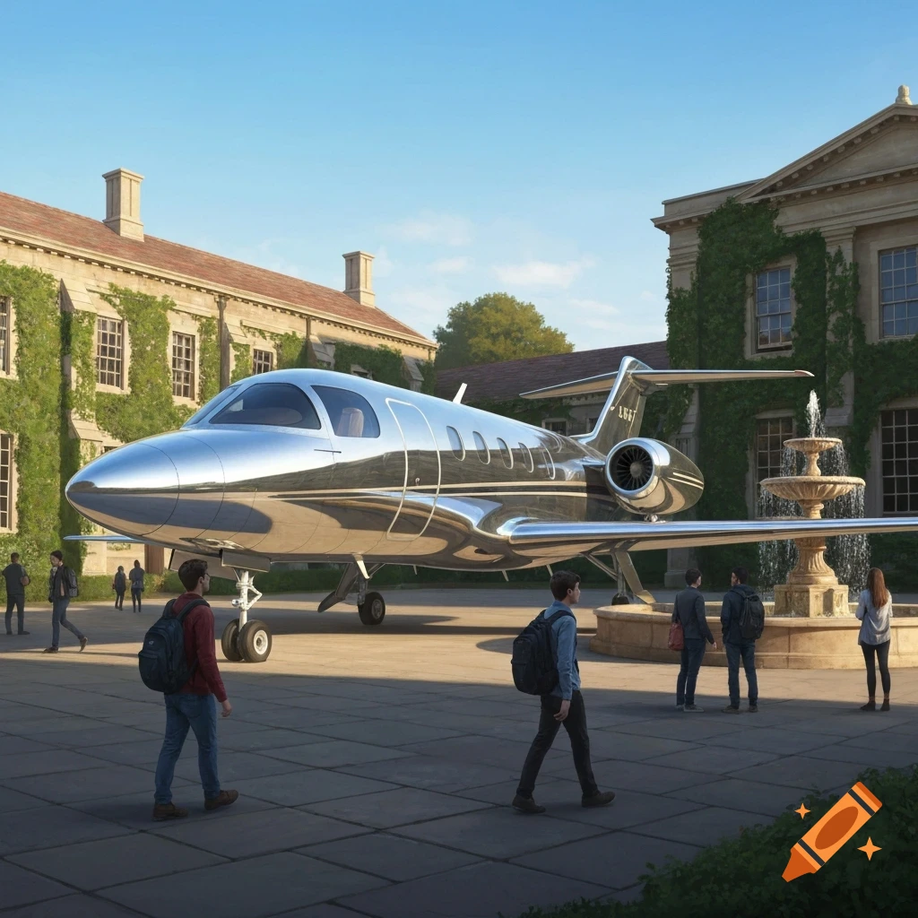 A shiny chrome private jet parked in a sunny university courtyard, with students walking past old buildings covered in ivy.