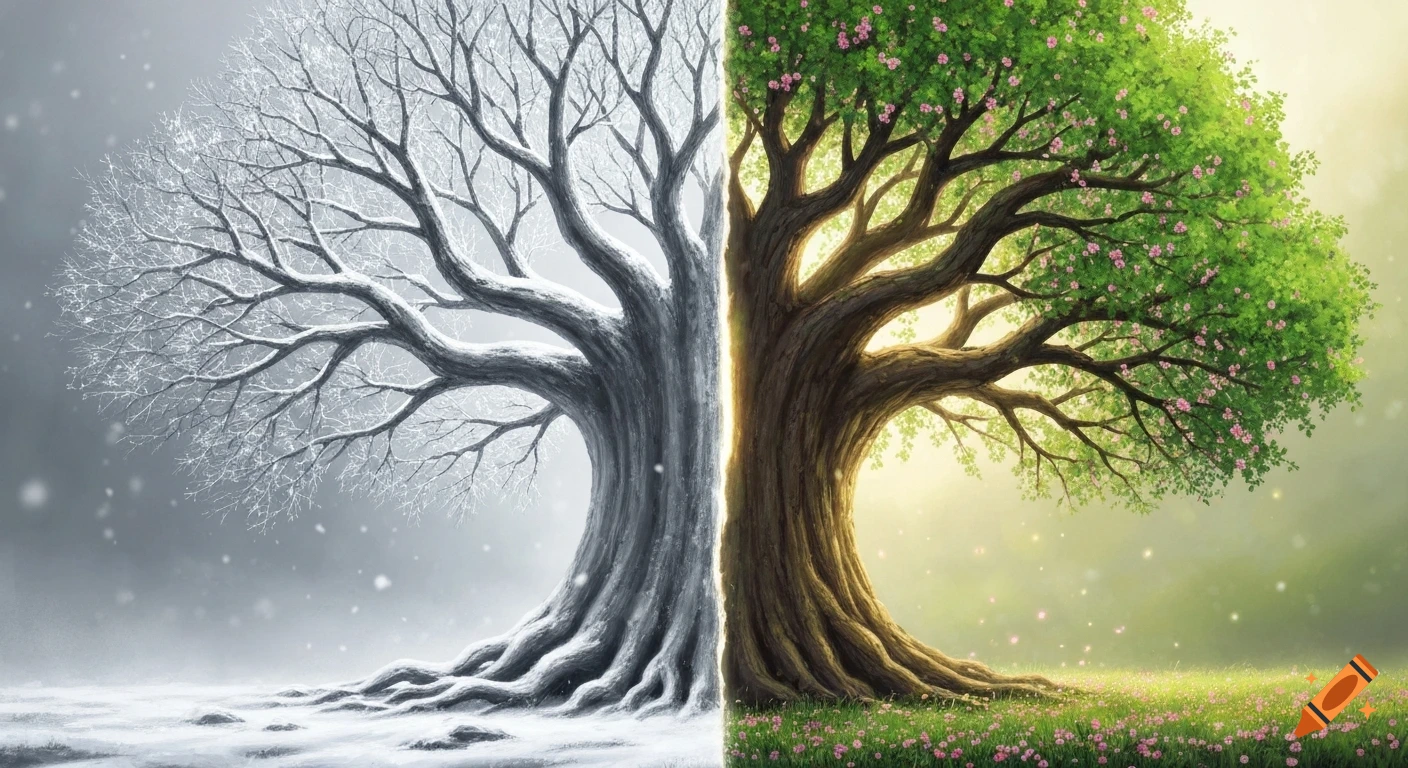 A large tree split vertically down the middle, with the left half depicting winter with snow-covered bare branches, and the right half depicting spring with lush green leaves and pink blossoms.