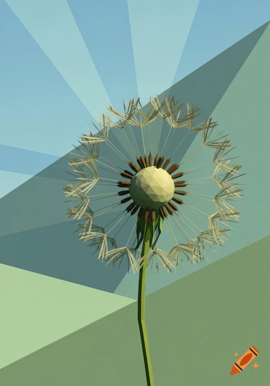 A low-poly dandelion with a fluffy seed head stands against a geometric sky and ground.