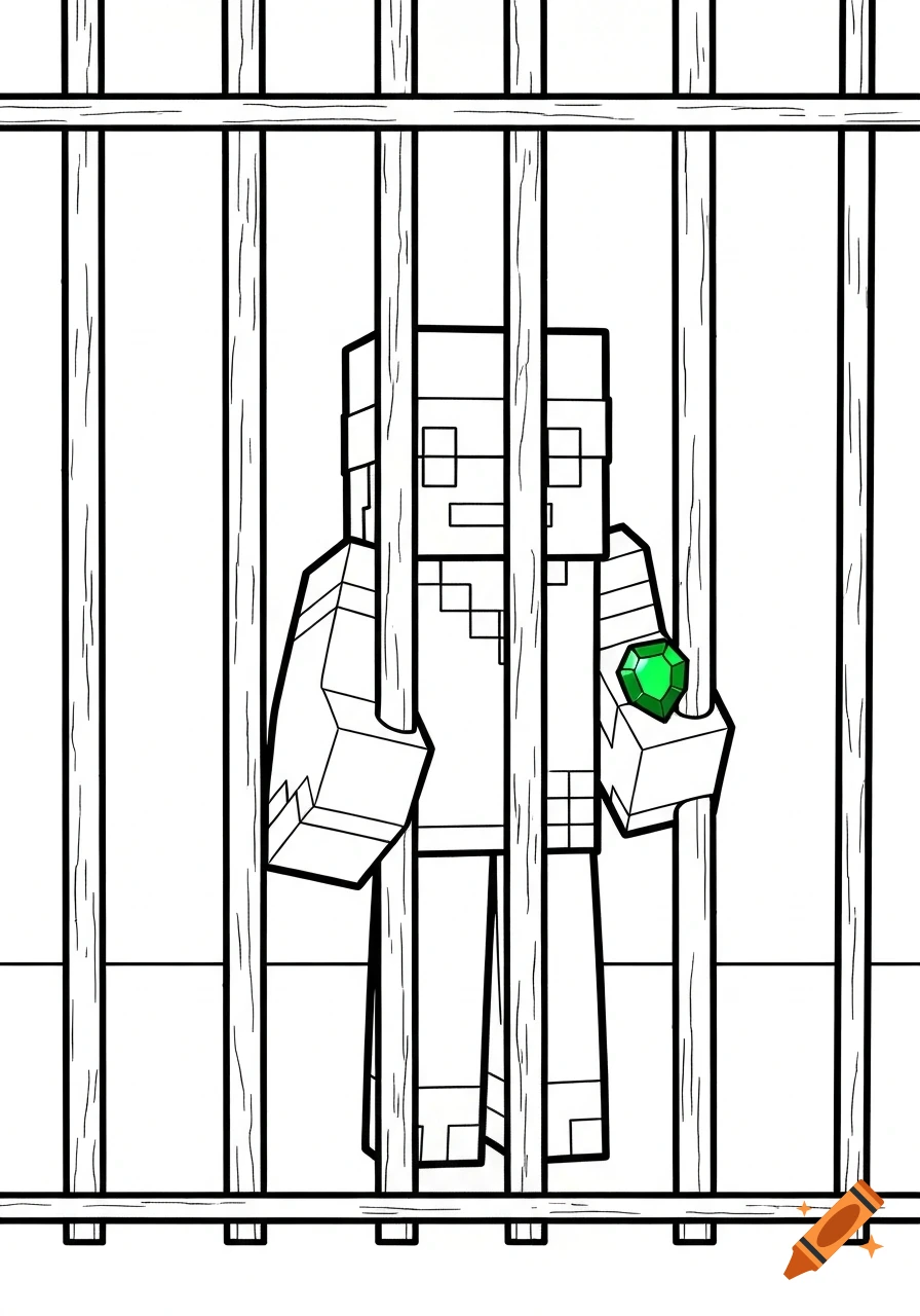 A black and white coloring page showing a blocky Minecraft villager behind wooden bars, holding a green emerald.