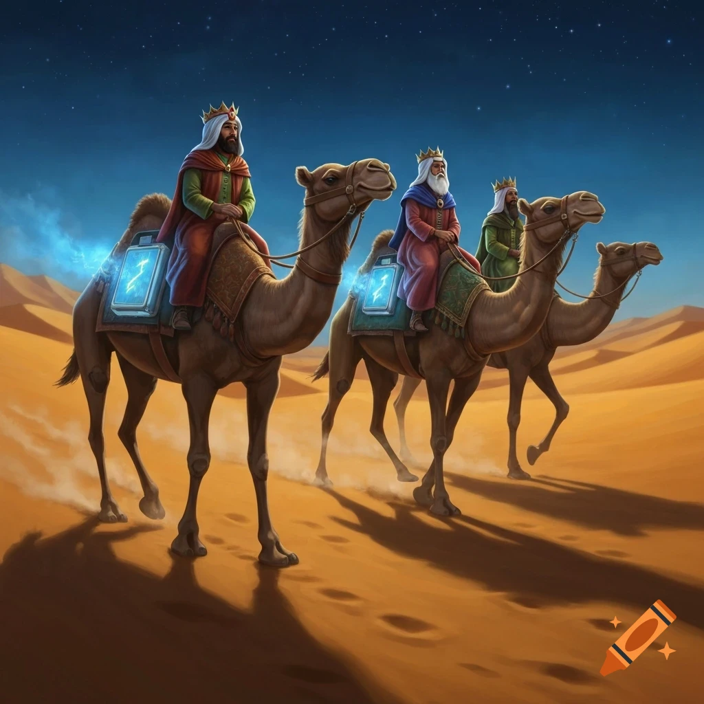 Three Wise Men ride camels with glowing electric battery packs across a desert at night, digital art.