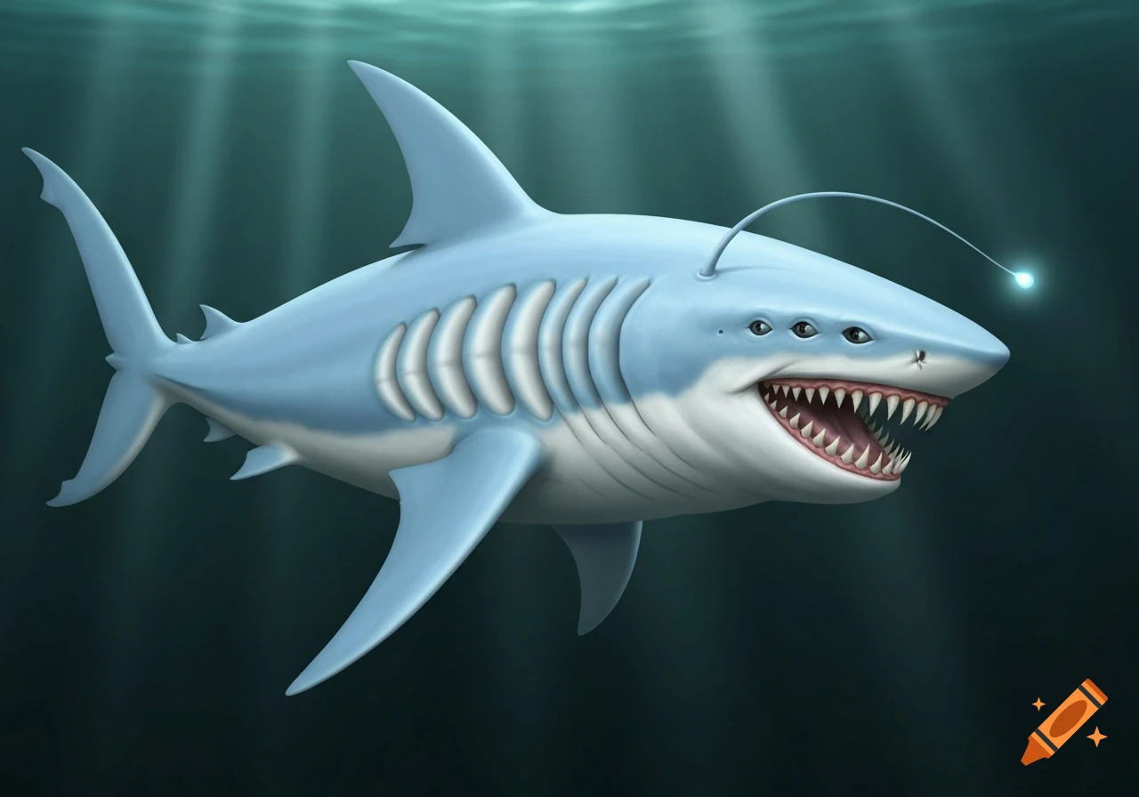 A stylized pale blue shark with four eyes, an antenna with a glowing tip, eight gills, and many sharp teeth swims in deep blue water.