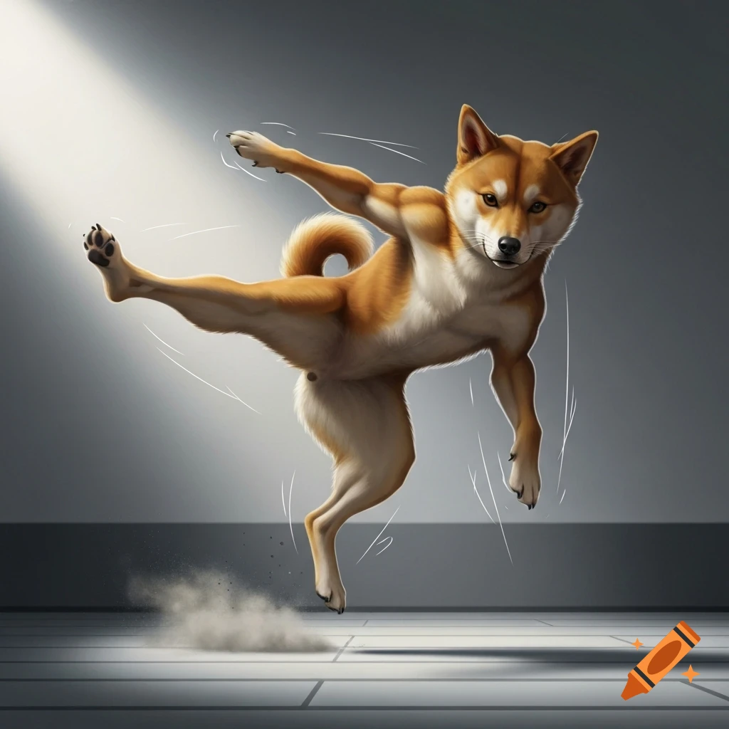 Muscular Shiba Inu dog performs a high kick in a Taekwondo pose, kicking up dust in a spotlight.