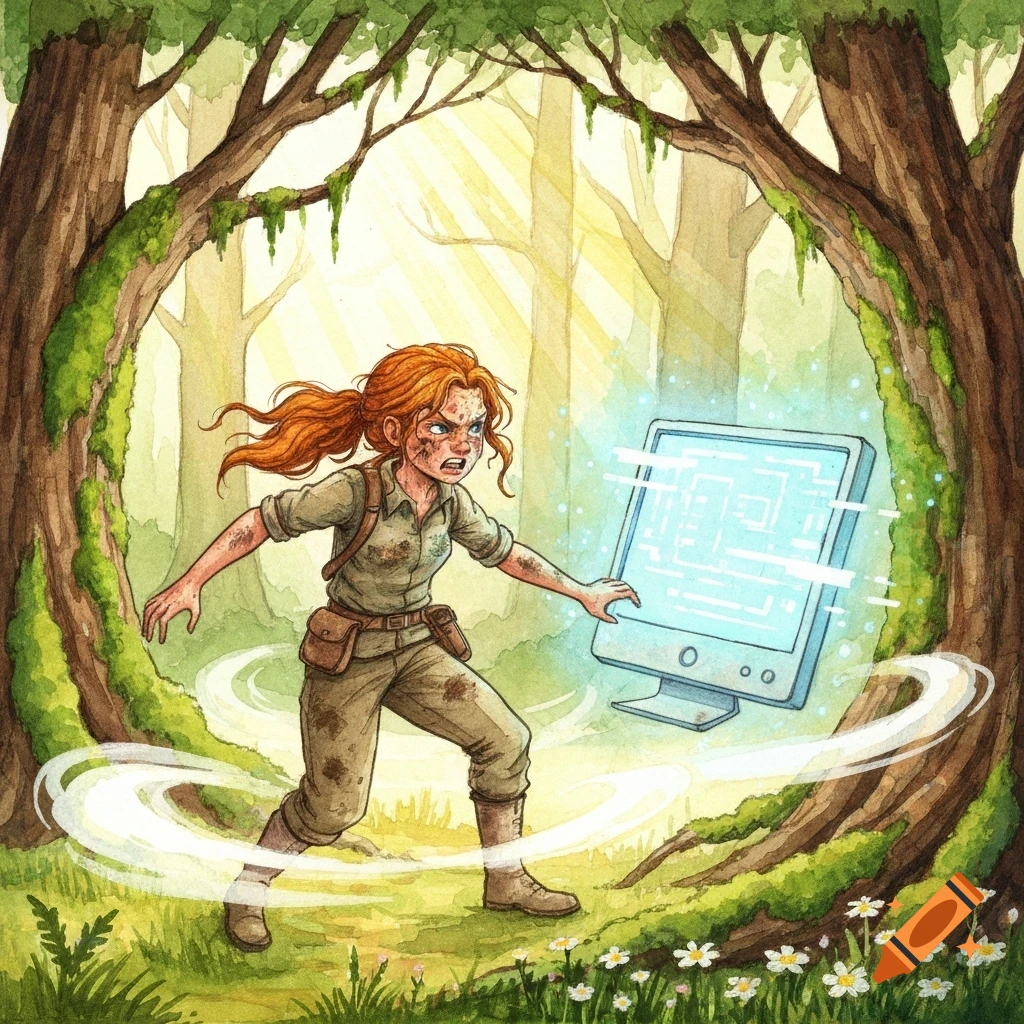 Watercolor illustration of a ginger-haired girl battling a glowing computer in a sunlit forest.