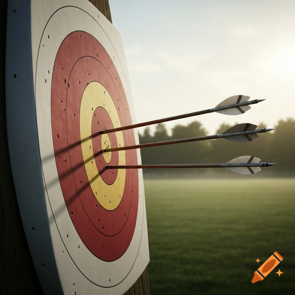 Three arrows hit an archery target in a grassy field under a bright sky, photorealistic.
