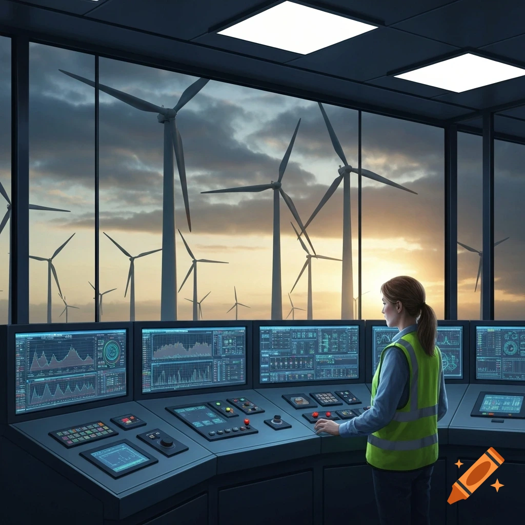 A woman in a safety vest operates controls in a modern room, overseeing wind turbines at sunset through large windows.