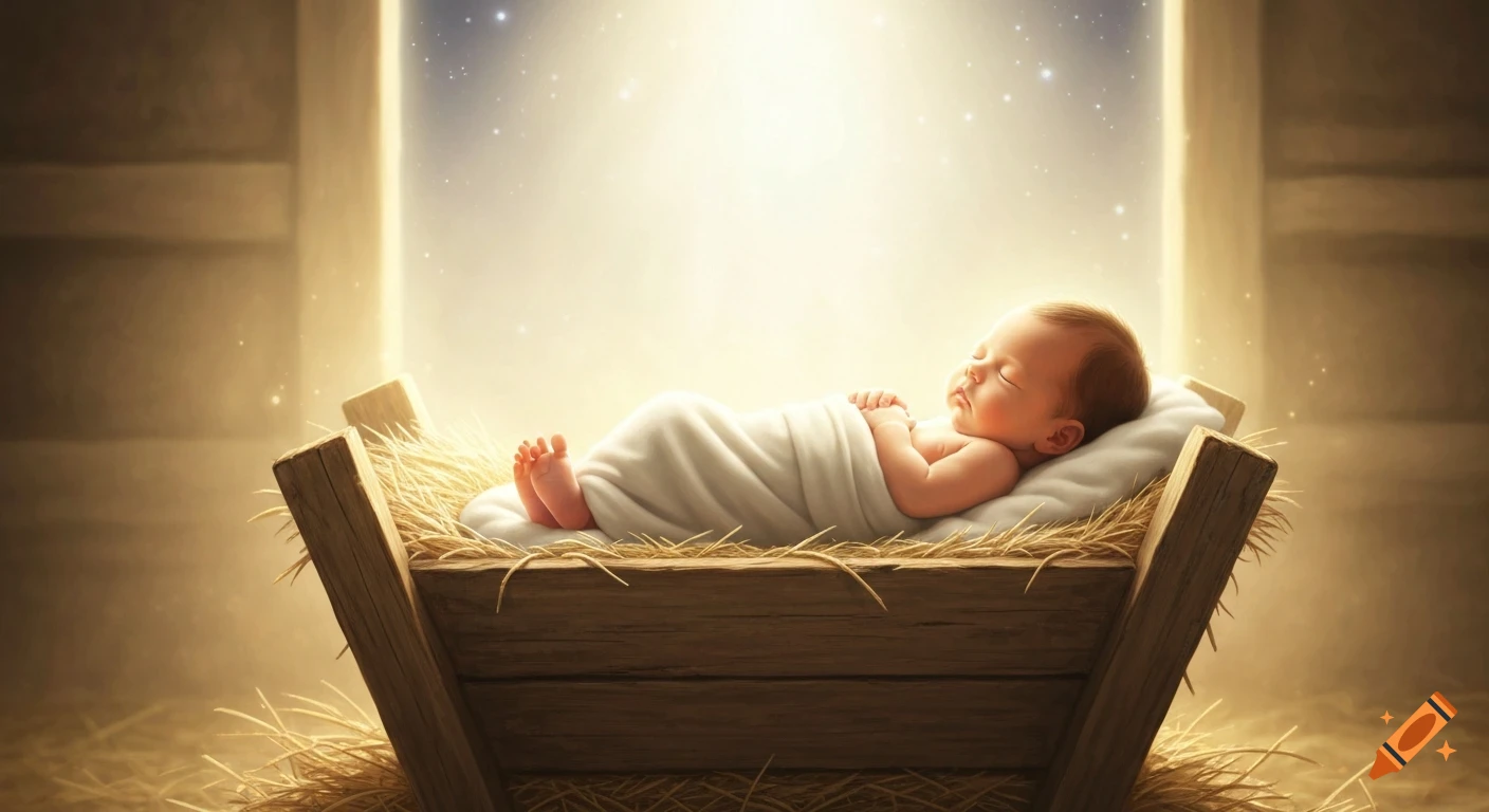 A sleeping baby wrapped in a white cloth lies in a wooden manger filled with straw, bathed in a warm, glowing light with subtle stars.
