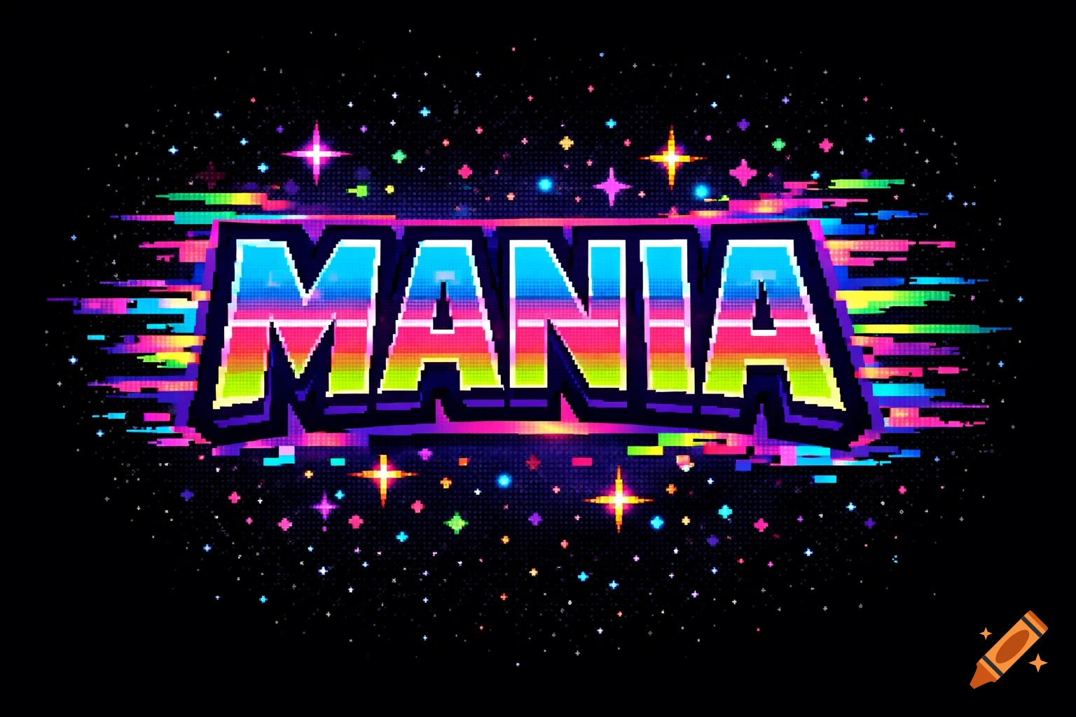 A pixel art logo for the word MANIA, featuring vibrant rainbow colors and a glitch effect on a black background.